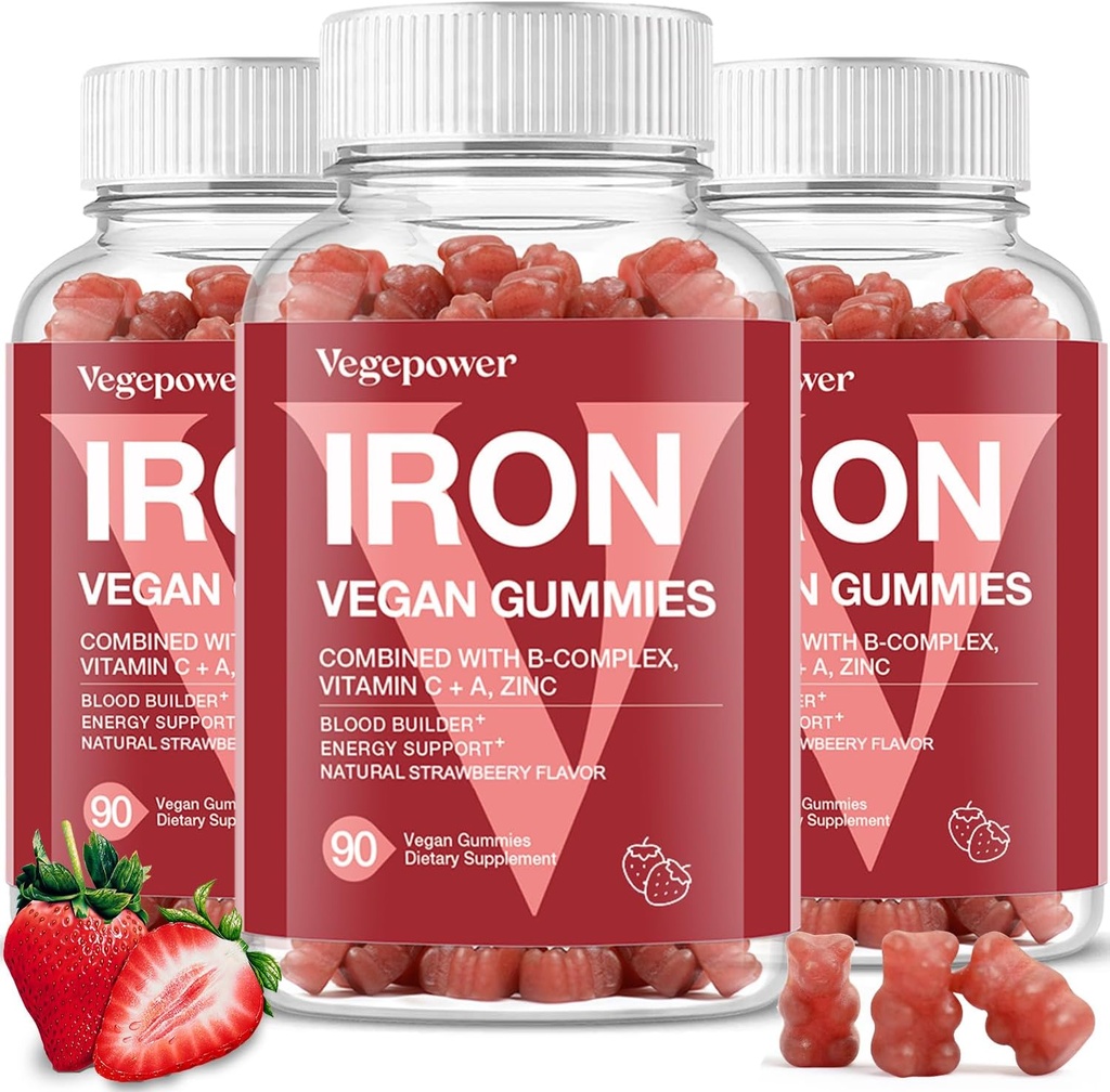 Iron Gummies Supplementen voor kinderen en vrouwen - Multivitamine met ijzer voor bloedgezonde, grote proeverij vitamines Gummy met vitamine C voor Max Absorptie - Aardbei (3 Packs)
