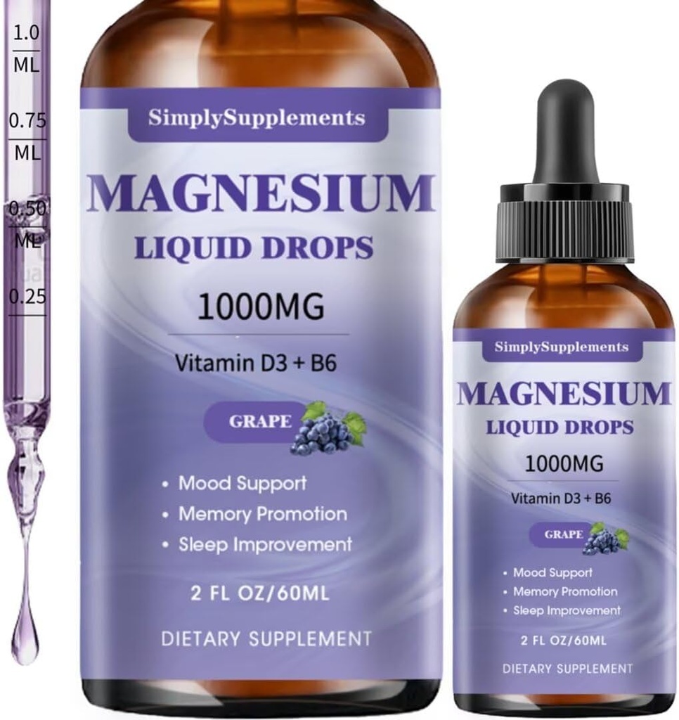 Triple Magnesium Complex Liquid Drops, 1000mg Magnesium Glycinate Drops, Taurate & Citrate met L-theanine, Vitamine D3 & B6 voor slaap- en spierondersteuning, Kalm Magnesium, Druivensmaak, 2Fl OZ