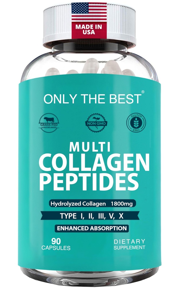 Premium Multi Collagen Peptides Capsules 1800mg - Types I, II, III, V, X To Support Skin, Hair, Nails - Helps Bones, Joints, Muscles, & Digestive Health* Hydrolyzed Collagen Supplement 90 Capsules