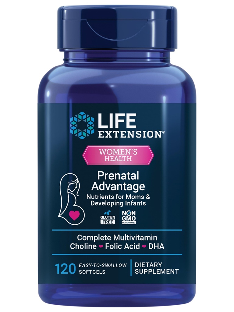 Life Extension Prenatale Voordeel, vrouwen multivitamine, Baby Ondersteuning, foliumzuur, Choline, omega-3s, Vitamine C, D3, B1, B6, B12, zink, niacine, Glutenvrij, Non-GMO, 120 softgels