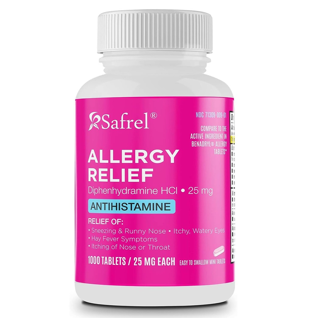Safrel Allergie Relief Medication Difenhydramine HCl Caplets 25 mg (1000 telling), Antihistamine Relives Sneezing, Runny Nose, Hay Fever, Itchy Eyes and Throat, Seizoensgebonden Indoor & Outdoor Allergie Pillen
