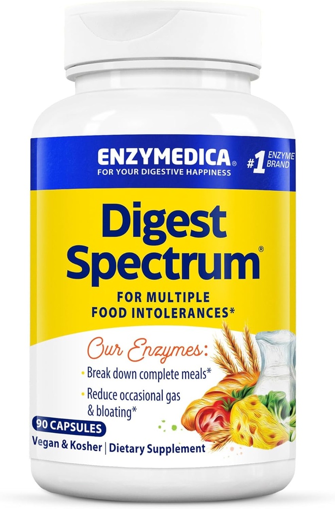 Enzymedica Digest Spectrum, geavanceerde digestieve enzymen voor vrouwen en mannen, Ondersteunt spijsvertering en Meerdere Food Intolerances, Snelwerkende Formule voor Gas en Bloating Relief, 90 Capsules FFP
