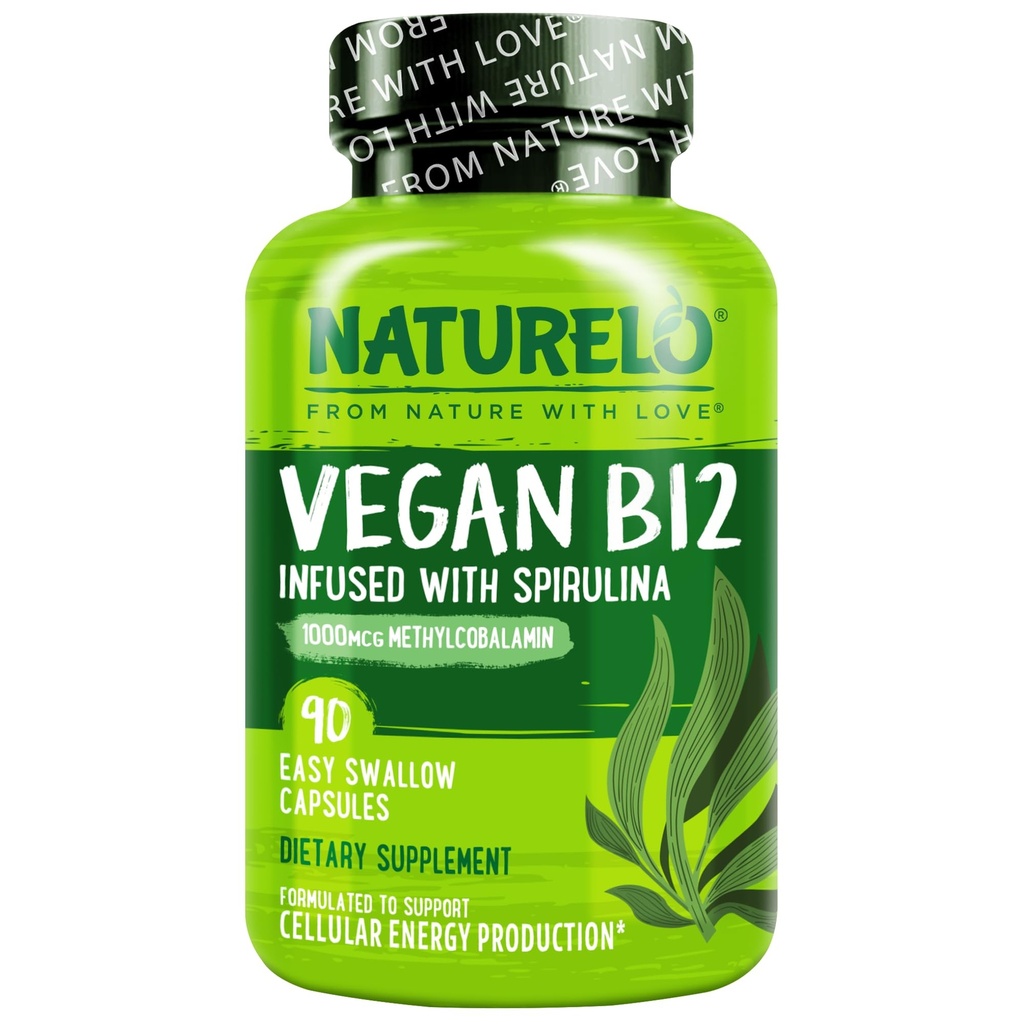 NATURELO Vegan B12 - Methyl B12 met Organische Spirulina - Hoge Potentie Vitamine B12 1000 mcg Methylcobalamine - Ondersteunt gezonde Mood, Energie, Hart & Oog Gezondheid - 90 Capsules