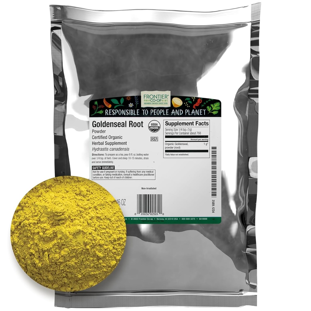 Frontier Co-op Organic Goldenseal Root Powder, 1/4 lb - Aardige, Bittere Kruidenwortel met Heldere Gele Kleur voor Thee en Tinctuur Recepten - 4 oz