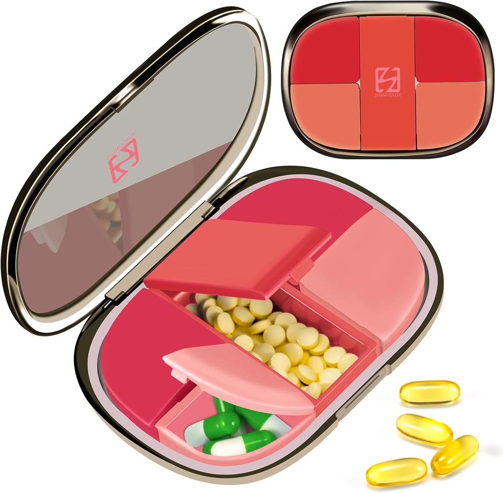 Daily Pill Case Organizer Pocket Pharmacy, Chrxbei Pill Container Case Reizen Moet hebben met 5 Compartments, Portable Pill Splitter Holder Box voor vitamine, medicatie, supplement en visolie - rood
