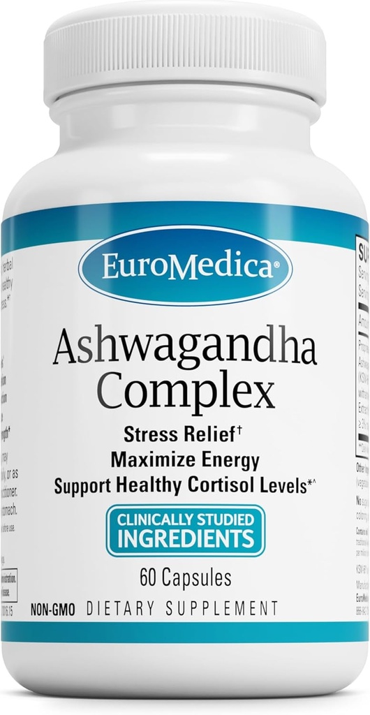 EuroMedica Ashwagandha Complex - supplement ter ondersteuning van de bijniergezondheid - Ashwagandha supplement met Rhodiola Rosea Extract - kruidensupplement ter ondersteuning van energie en concentratie - 60 capsules