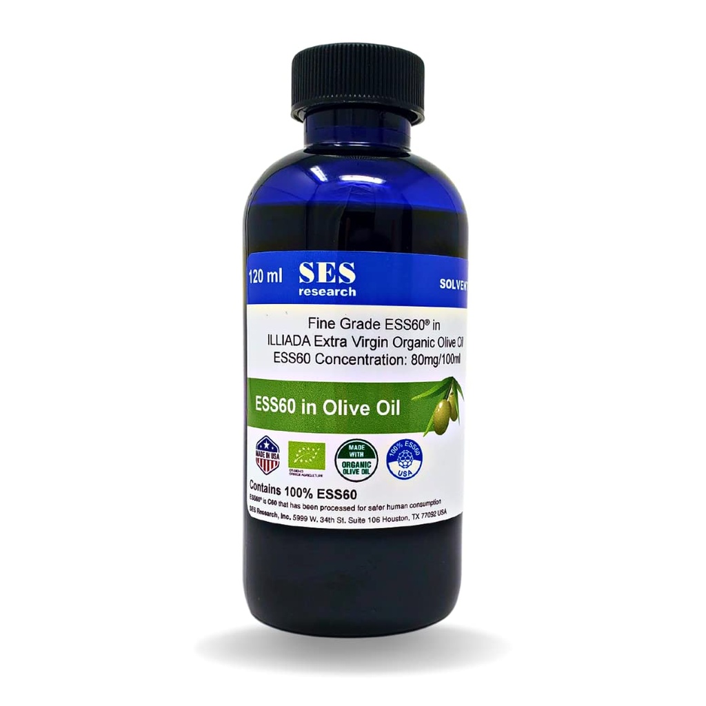 SES Recherche C60-120 ML Huile d'olive extra vierge biologique - 99,99 % Pureté la plus élevée Carbone 60-Anti-Aging-Boost Énergie - Supplément antioxydant nootropique-Better Sleep-Focus-Longevity-Immunité