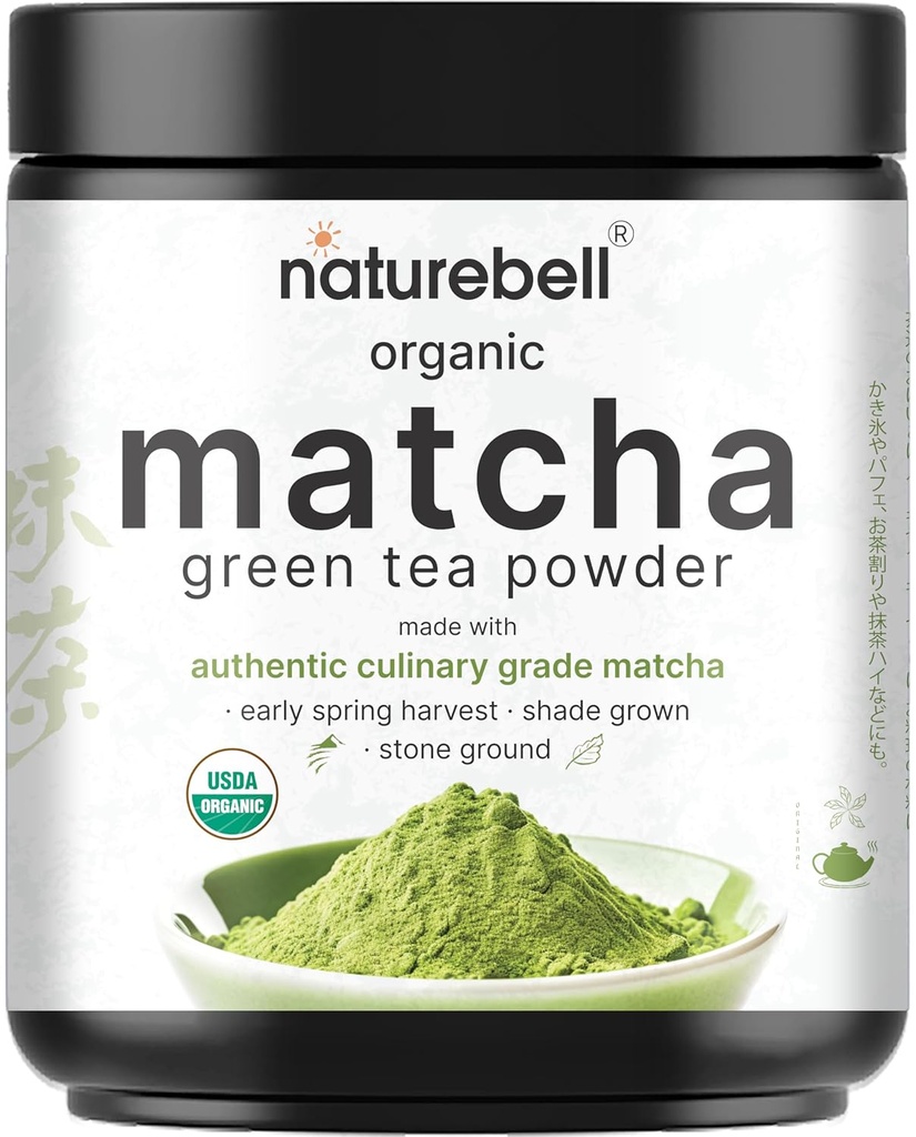 NatureBell Organic Matcha poudre de thé vert, 2 livres, non sucré avec Zero Sugar, grade culinaire, Potent Early Harvest, Fine Stone Ground – Vegan, All Purpose, Great for Matcha Latte