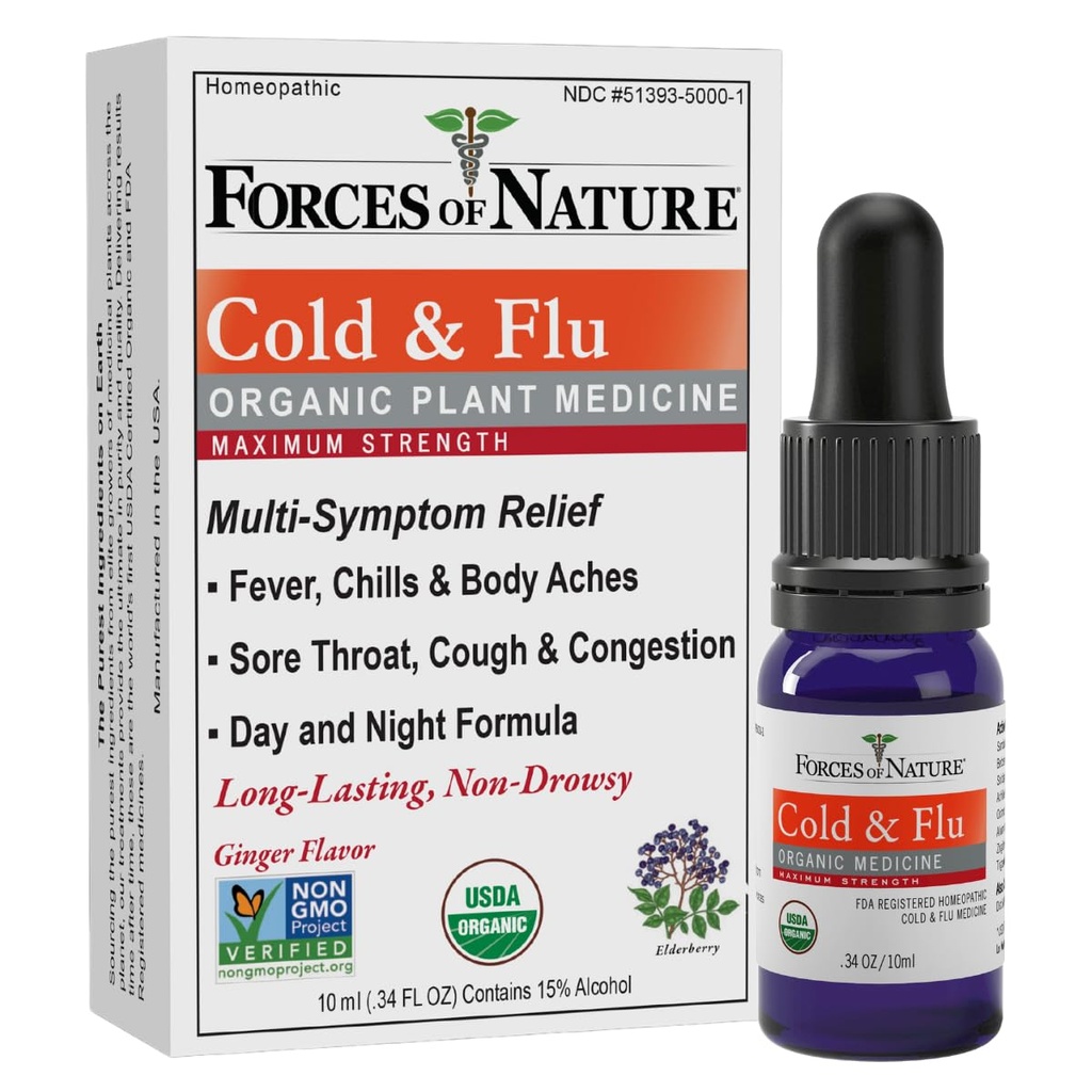 Natuurkrachten Koude en hoestrelief, Organische Homeopathische Geneeskunde voor Hoest, Congestie, Lichaamspijn, Hoofdpijn, Chillen & vermoeidheid, Maximale sterkte, Niet-Drowsy Formule, 10ml (0,34 fl oz)