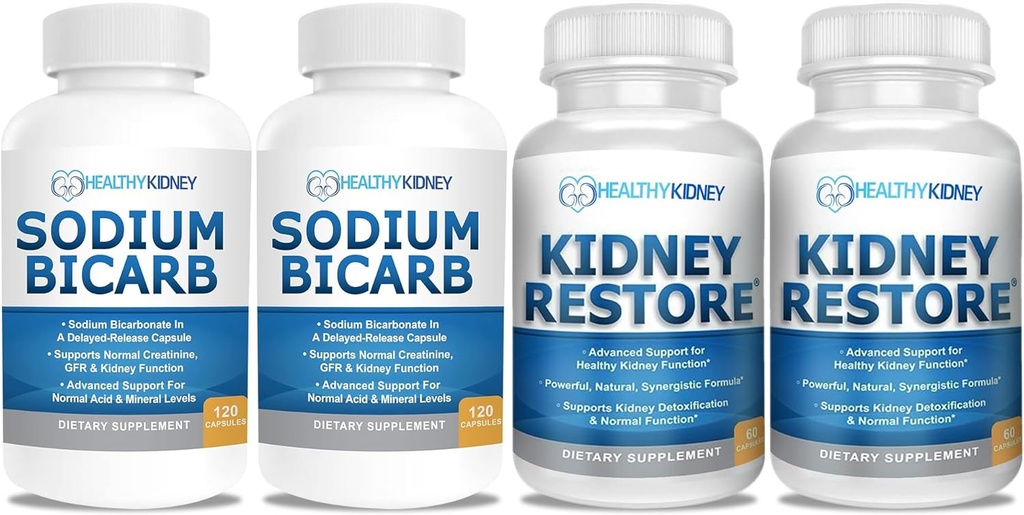 Bicarbonate de sodium 650mg Capsules pour soulager l'acide, alcalinité 120 pilules 2-Pack + Restaurer le rein Nettoyer le rein et supplément pour la santé du rein, 60 capsules - 2 Pack