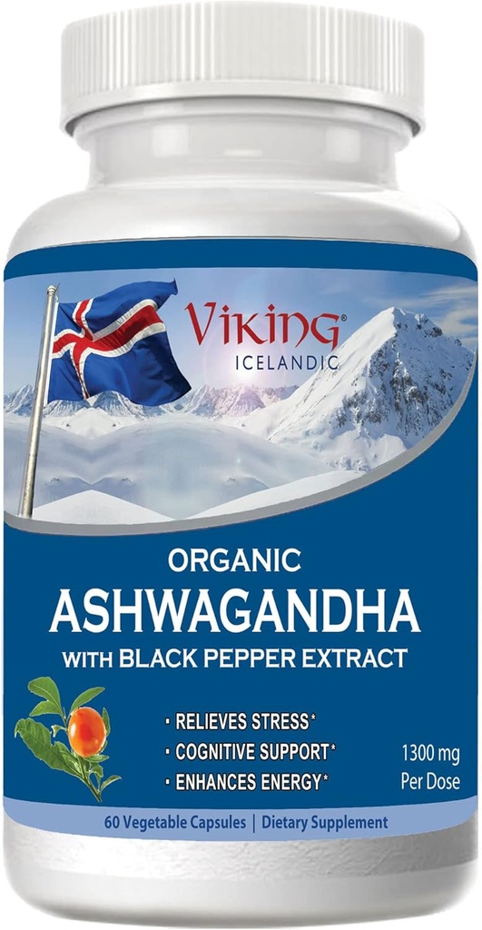 Ashwagandha biologique Viking avec extrait de poivre noir islandais. 60 Capsules Vegan - Absorption maximale pour le stress, l'humeur et le soutien énergétique