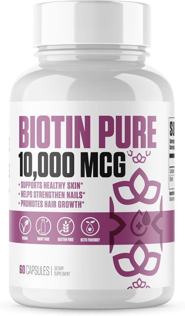 Biotin Pure 10.000 MCG + Calcium #1 New Max Dose Biotin B7 Supplement Pillen voor gezonder en langer haar, huid & Nails & Nails Vegan Capsules voor mannen & vrouwen - 60 porties