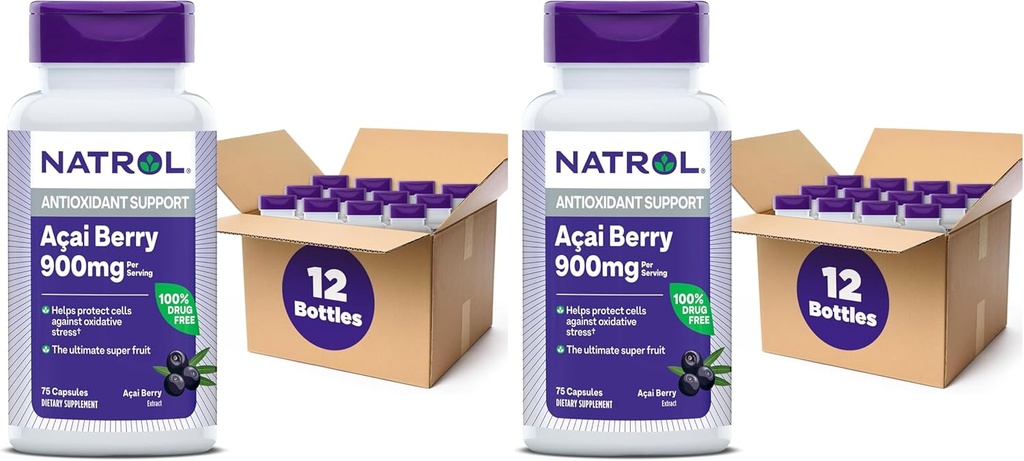 Natrol Acai Berry, Supplément diététique, Antioxydant Protection & Défense, Le Super Fruit Ultime, 1 000 mg Capsules de Véggie, 75 Compte (Pack de 24)