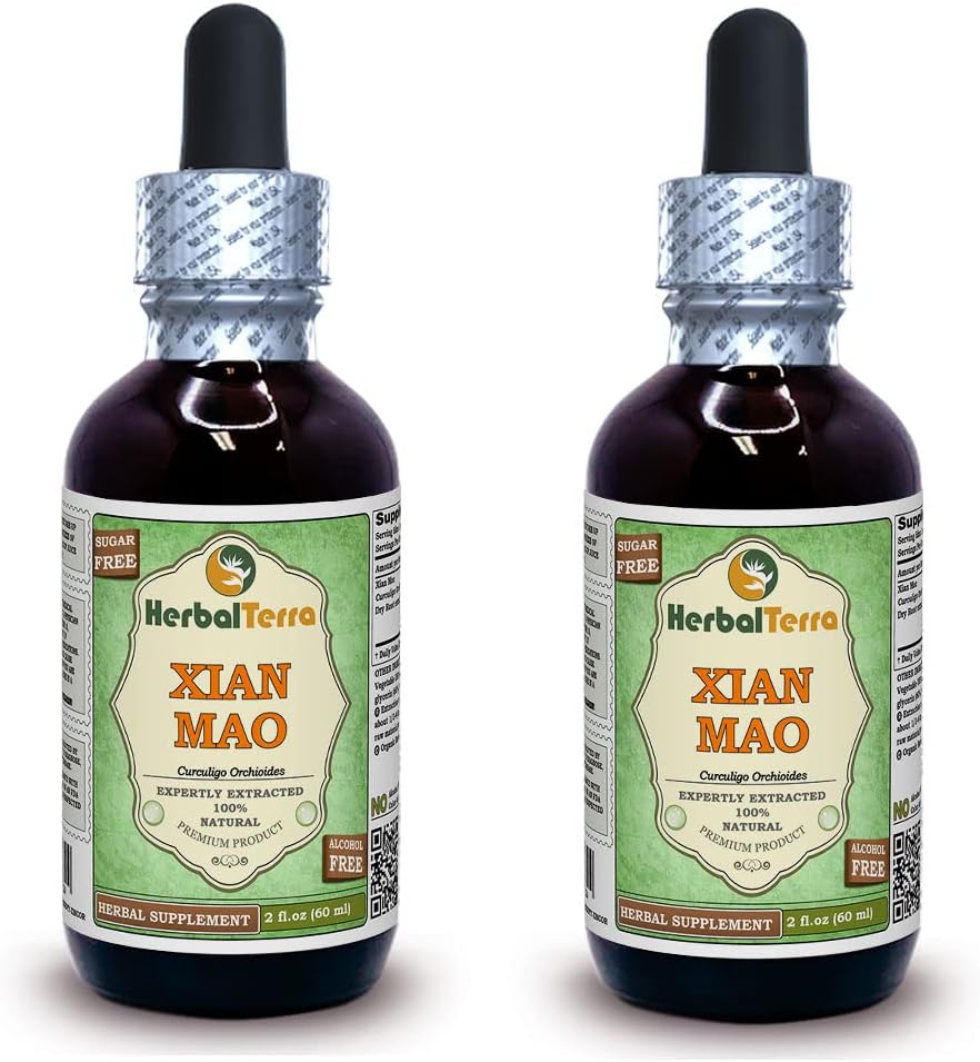 Xian Mao, Curculigo (Curculigo Orchioides) Glyceriet, biologisch gedroogd wortelpoeder Alcoholvrij vloeibaar extract (Grote naam: HerbalTerra, trots Made in USA) 2x2 fl.oz (2x60 ml)