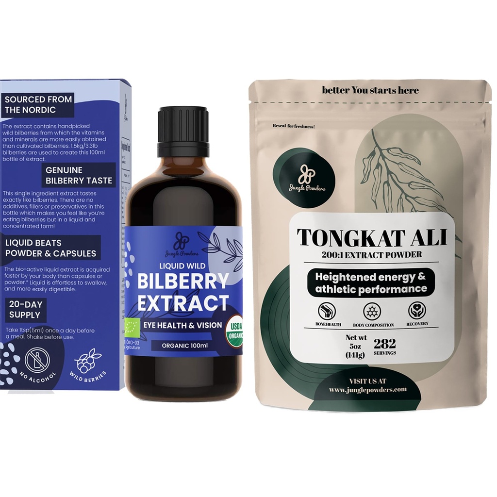 Poudres de jungle Tongkat Ali pour hommes Poudres 200:1 Extrait 5 Once Sac, Extrait de baies sauvages pour les yeux Bio 3,4oz Bouteille Bilberry Supplément pour les yeux