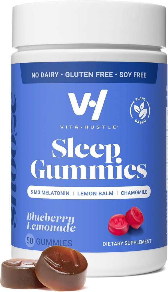 VitaHustle Sleep Gummy 5 mg Mélatonine, Baume de citron, Camomille, Relax et aide au sommeil, Sucre faible, base végétale, Cimonade de bleuets, 50 comte