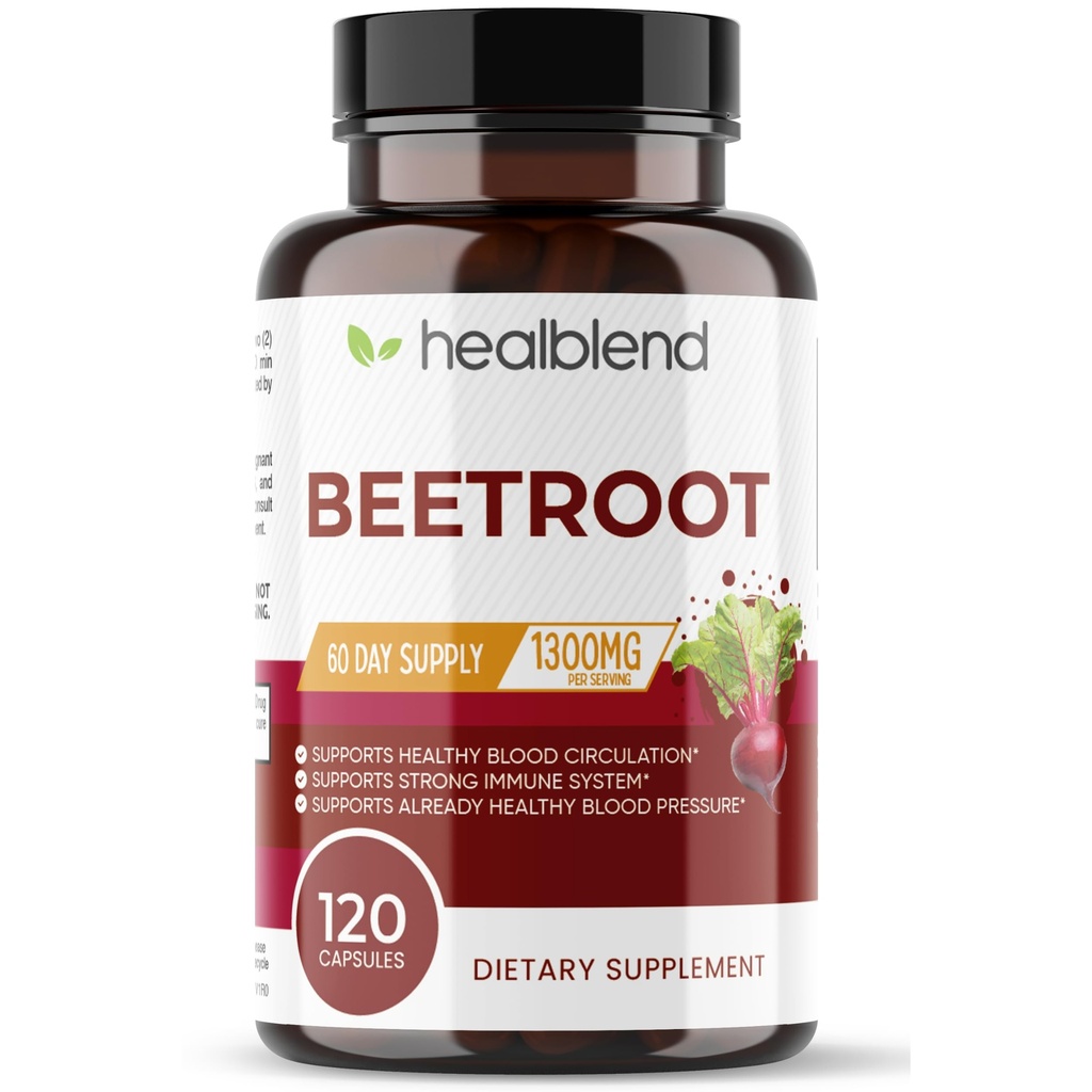 Gélules de racines de betterave biologique Healbend 1300mg - Booster d'oxyde nitrique Les betteraves soutiennent la pression artérielle saine, la santé cardiaque, la circulation Superfood - 120 Compte
