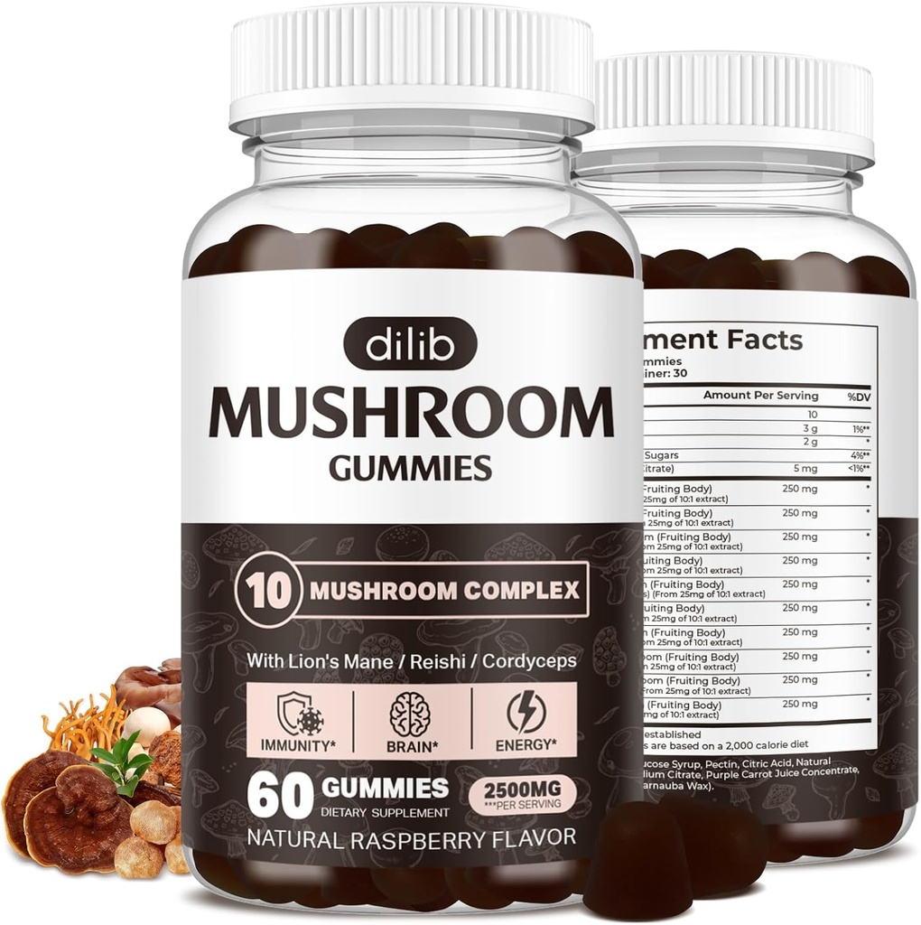 Paddestoelen Gummies 10 Blend Paddenstoelen Complex 2500mg met Lions Mane, Cordyceps, Turkije staart, Chaga, Reishi Supplement-Focus, Helderheid, Geheugen, Energie, Immune Ondersteuning-60 Gummies