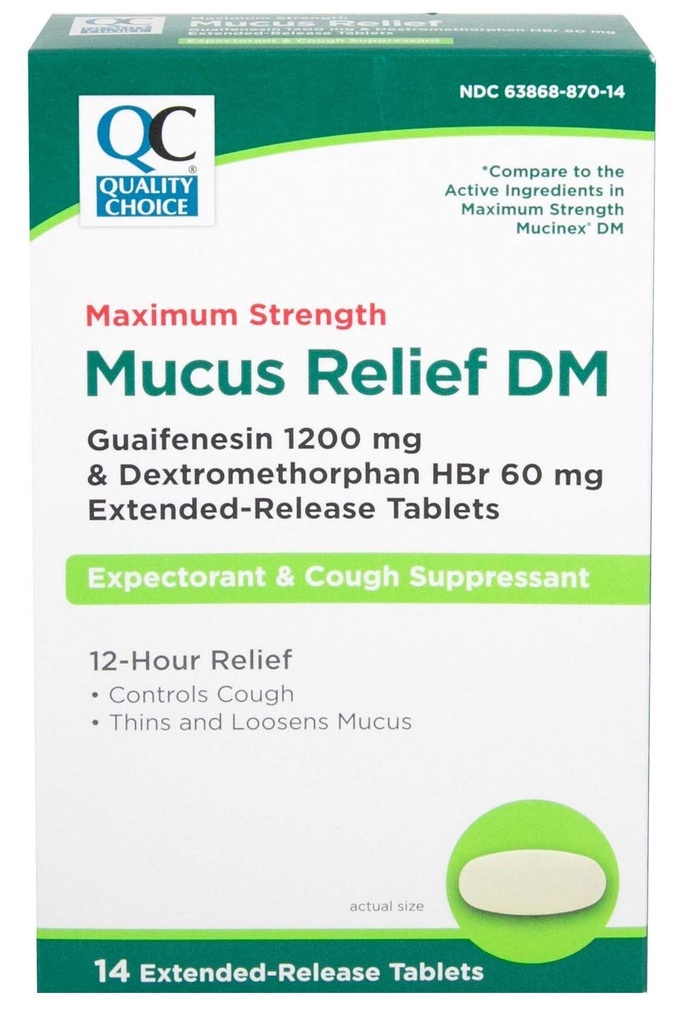 Choix de qualité Soulagement du mucus maximal DM, suppresseur de la toux et expectorant, soulagement de 12 heures, Guaifenesin 1200 mg et dextrométhorphane HBr 60 mg Comprimés à libération prolongée, 14 Nombre