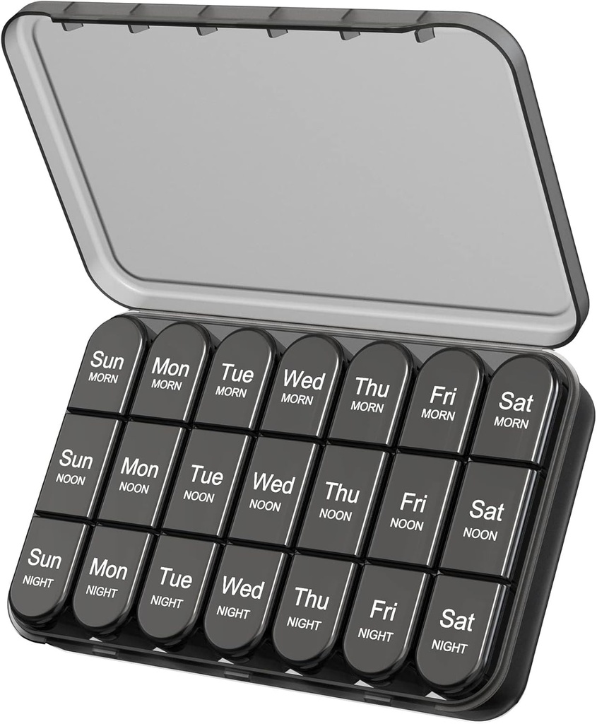 Daviky Pill Organizer 3X per dag, Weekly Pill Box 7 Dag, Travel Pill Case met grote containers, licht bewijs pil geval voor vitamines, medicijnen, supplementen en visolie (zwart)