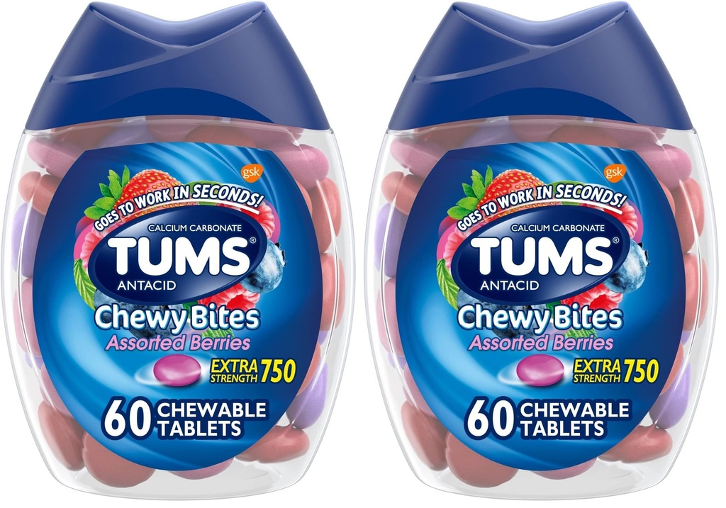 TUMS Chewy Bites Antacid Tablets voor Kauwbare Heartburn Relief en Acid Indigestie Relief, Assorted Berrys - 60 Tellen (Pack of 2)