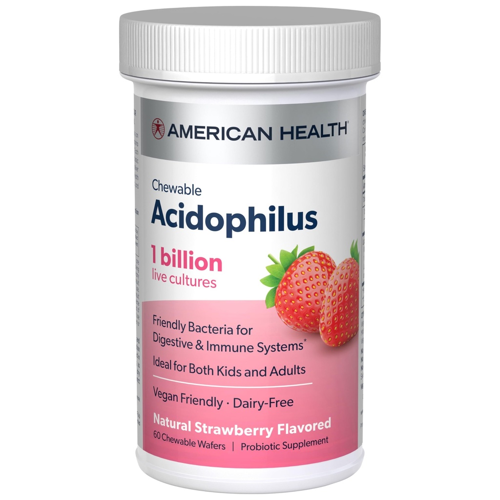 AMERICAN Health Daily Chewable Tablet Acidophilus, 1 Miljard Live Cultures, Beneficial Bacteria for The Discompatitive & Immune Systems, Strawberry, 60 Count