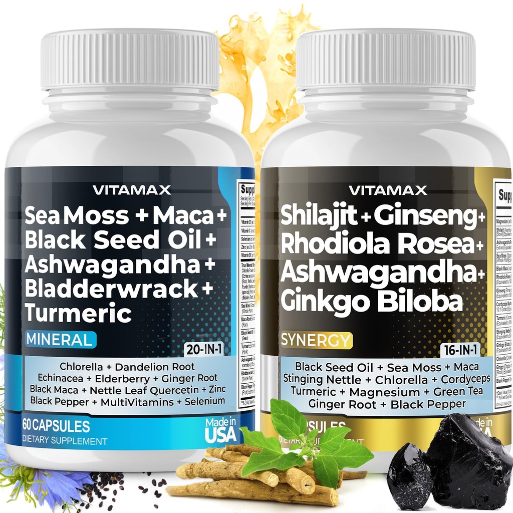 Vitamax Pure Himalayan Shilajit Supplement, Sea Moss, Ashwagandha, Bladderwrack, Gingko Biloba, Capsules organiques & Trace Mineral pour - Non-OGM - Vegan - Hommes et femmes – Fabriqué aux États-Unis