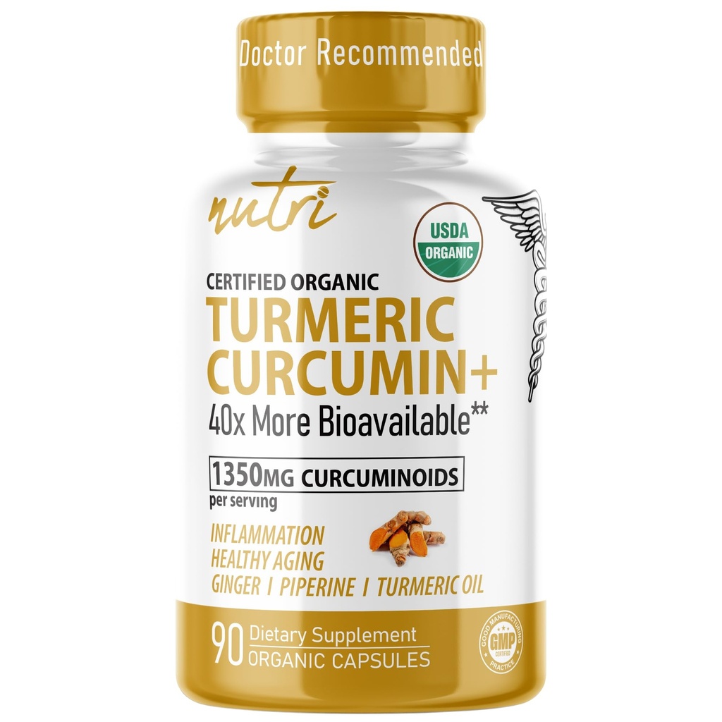 Nature's Fusions Nutri Organic Turmeric Supplement 1425mg - 40x More Bio available - 95% Curcuminoids - Turmeric Curcumin with Black Pepper, Ginger & Turmeric Oil - Supplement