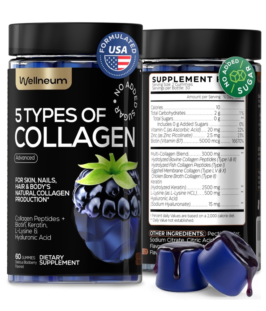 Collageen Peptide Gummies voor vrouwen en mannen - Collageen Gummy Supplement voor gezond haar, huid, nagels en botten - Hyaluronzuur, Biotine, Keratine, Saw Palmetto - Suikervrij, Geen GGO en Gluten, 60 stuks
