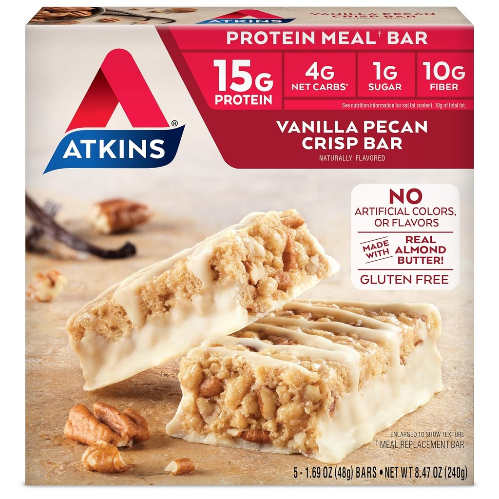 Atkins Vanilla Pecan Crisp Protein Meal Bar, Haute Fibre, 1g de sucre, 4g Net Carb substitut de repas, Keto Friendly, 5 comte