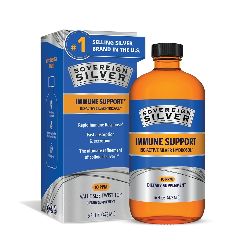 Support immune en argent souverain - Argent colloïdal, hydrosol en argent bioactif, 10 ppm, haut de torsion liquide, 16 Fl Oz, (473 mL)