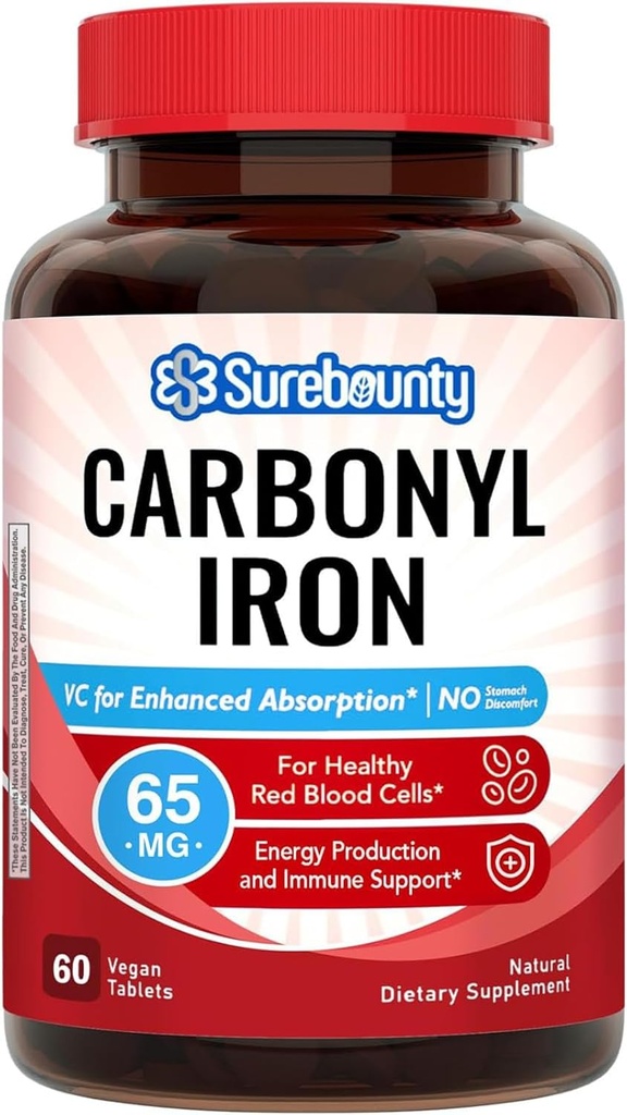 Carbonyl ijzer, met natuurlijke vitamine C, zacht op de maag, hoge absorptie, voor rode bloedcelfunctie, energie ondersteuning, Vegan, 60 Tabs