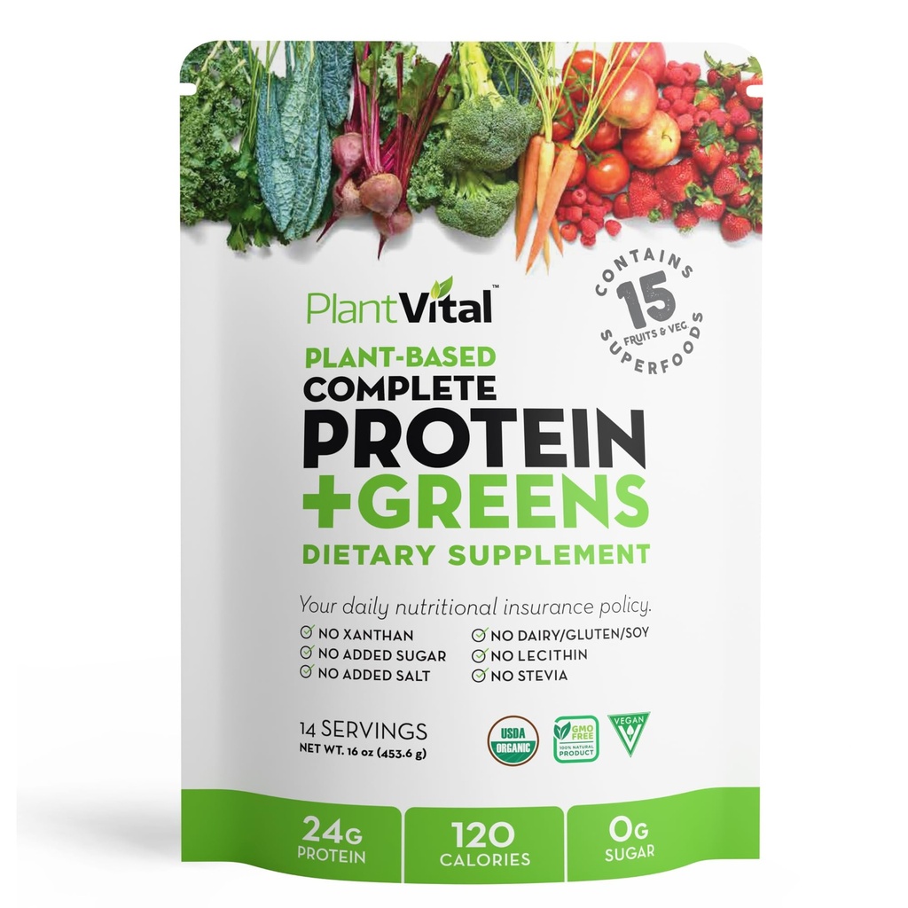 Poudre de protéines végétales organiques non aromatisées Plantvital - 15 superaliments, légumes et probiotiques - Poudre de protéines végétales organiques - Tous les BCAA, sans gluten - 16oz -1 Pochette