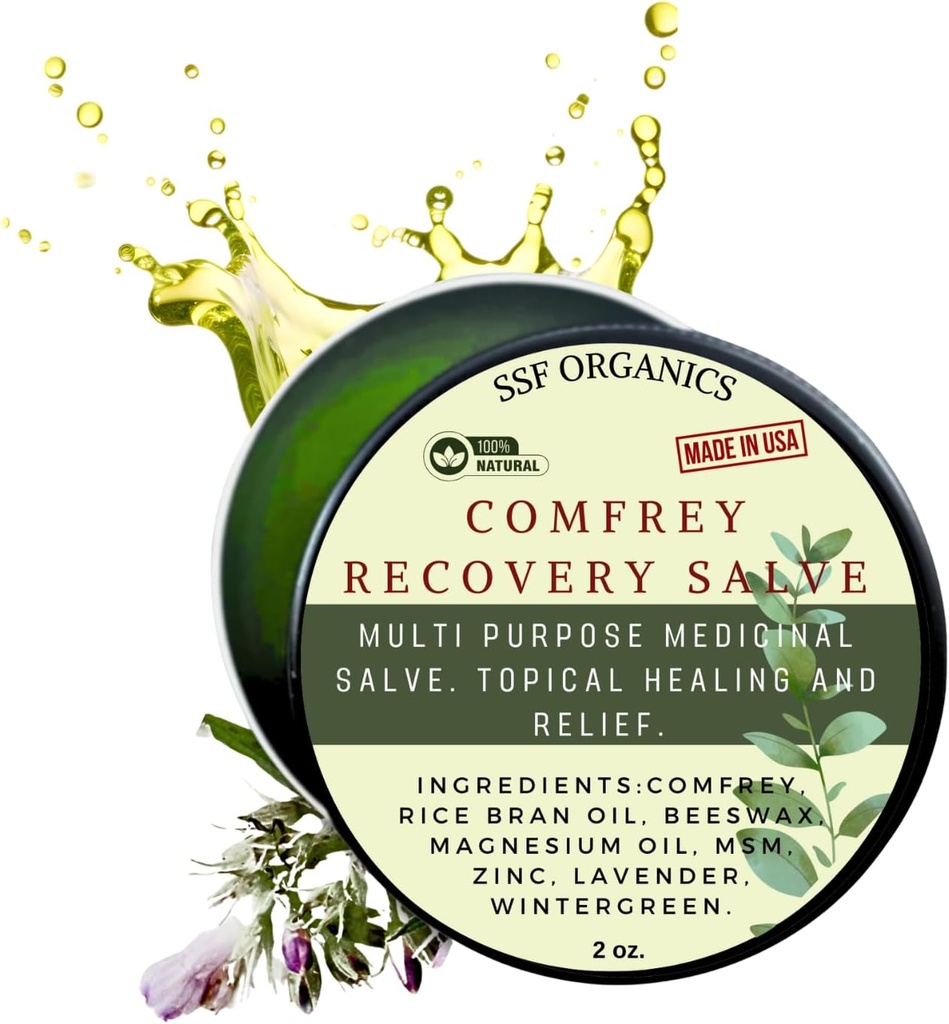 SSF Organics Comfrey Recovery Salve. Biologische kruidenbalsem voor botten, spieren, gewrichten, knieën, huid, zwelling en tatoeageverzorging. Handgemaakt, langzaam-geïnfundeerd. Geen chemische fillers. 2 oz