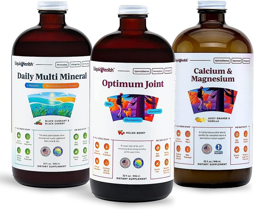 Liquid Vitamin Bundle with Daily Multi Mineral, Optimum Joint Liquid Glucosamine, and Calcium & Magnesium Supplements - Bone & Joint Health, Energy, Vegan, Non-GMO