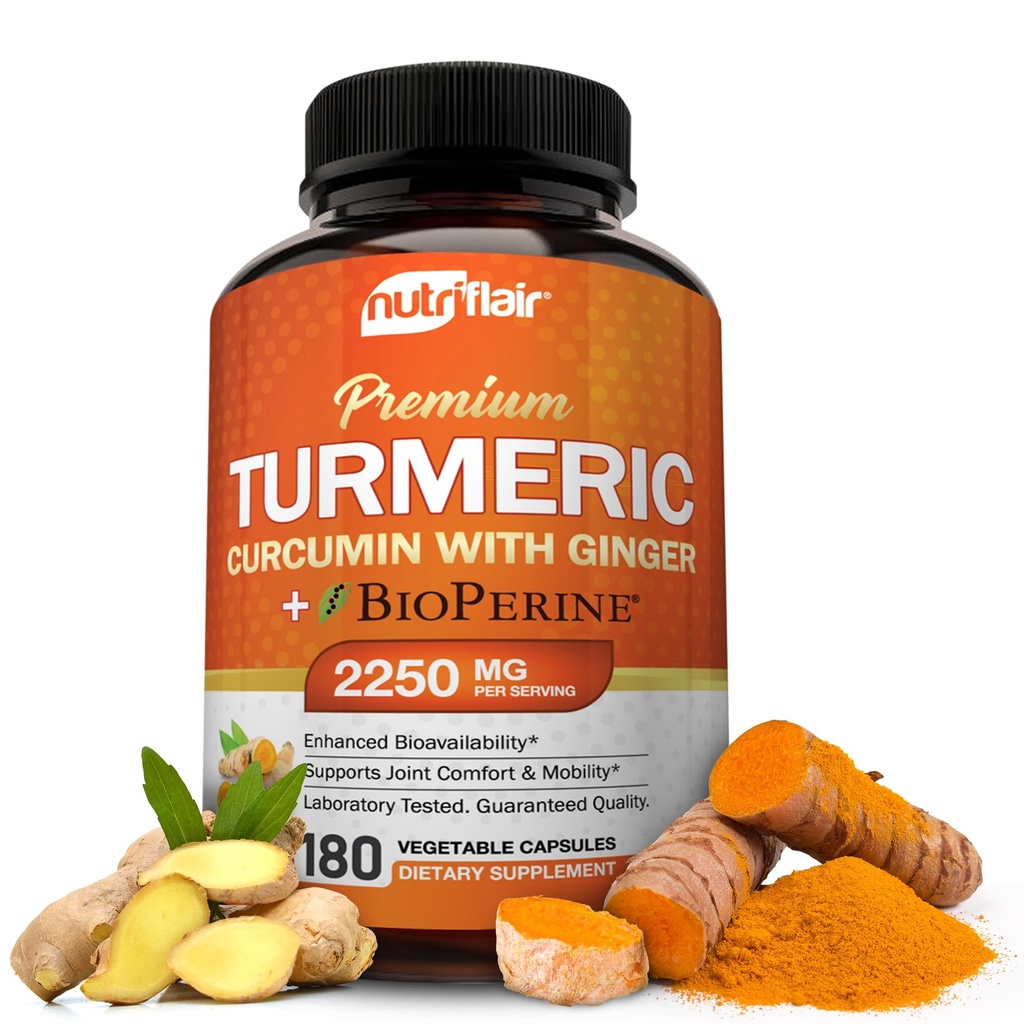 NutriFlair Kurkuma Curcumine met gember en bioperine zwarte peper supplementen, 180 capsules - 95% Curcuminoïden - Gezamenlijke ondersteuning, Antioxidant, Antiveroudering - Natuurlijke, Niet-GMO, Vegan Best Maximale Potency