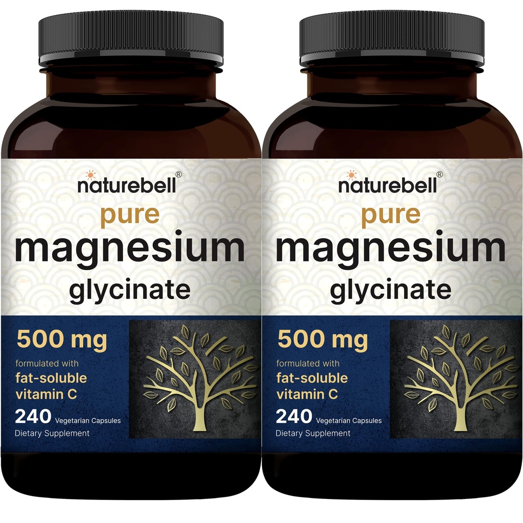 Pure Magnesium Glycinate 500mg met vetoplosbare vitamine C, 480 Veggie Capsules (2 Pack) 