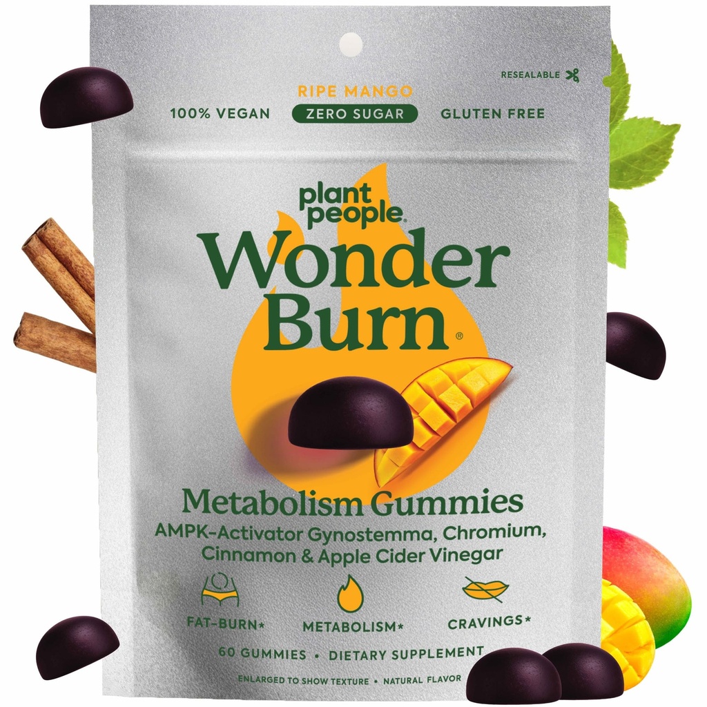 Planten Mensen WonderBurn Metabolisme & Cravings Control Gummies, Zero Sugar, Ripe Mango smaak (60 Tel.)