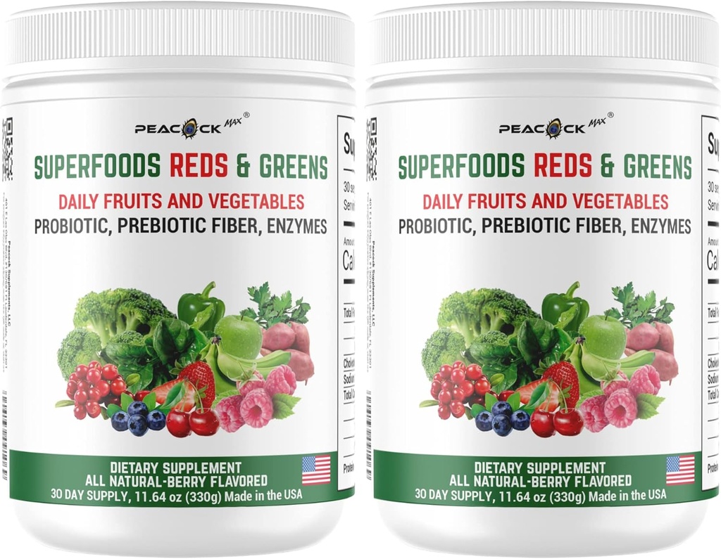 Superfood Reds & Greens Powder - 11,64 oz (pakket van 2), Prebiotica & Probiotica voor de spijsvertering gezondheid, Super Greens Powder met Ashwagandha, Antioxidanten, Vegan, Non-GMO