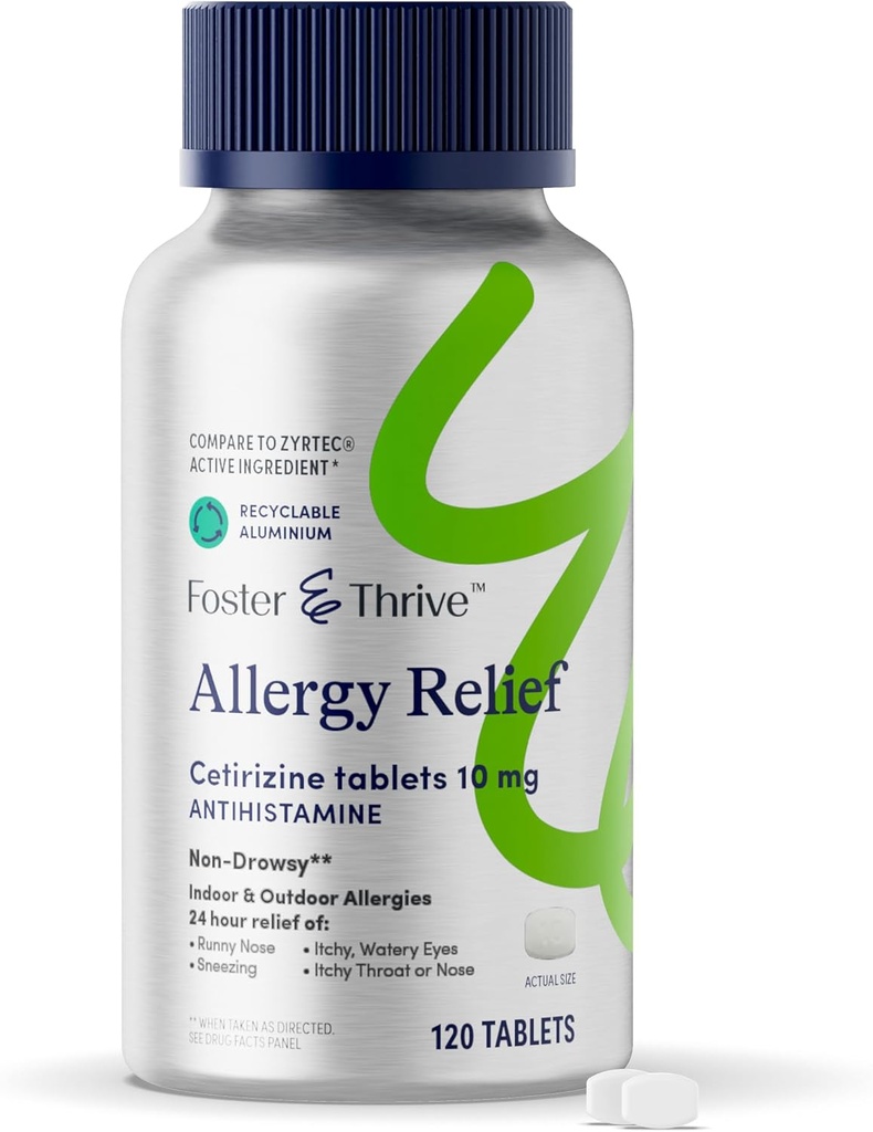Foster & Thrive Cétirizine HCl 10mg Altergy Relief pour les allergies saisonnières, le pollen, la fièvre du foin et les yeux déchiquetés, antihistaminiques non somnolents pour les enfants ou les adultes, Comparer avec Zyrtec