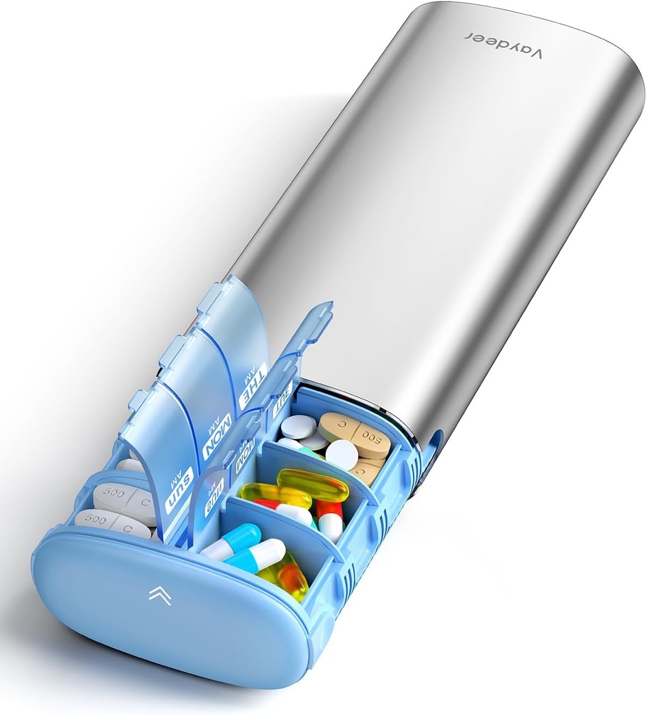 Vayadeer 7 Dag Weekly Pillen Organizer 2 keer per dag, Metal Am Pm Travel Pillen Case, Grote Capaciteit Tweemaal Daily Cute Pillen Box voor Supplementen, Pillen, Vitaminen en Medicatie (Sliver)