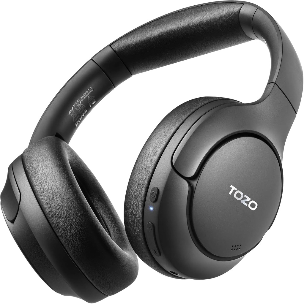 TOZO HT2 Hybrid Active Noise Cancelling Headphones, Wireless Over Ear Bluetooth Headset, 60H Playtime, Hi-Res Audio Custom EQ via App Deep Bass Comfort Fit oorbellen, voor thuis kantoor reizen zwart