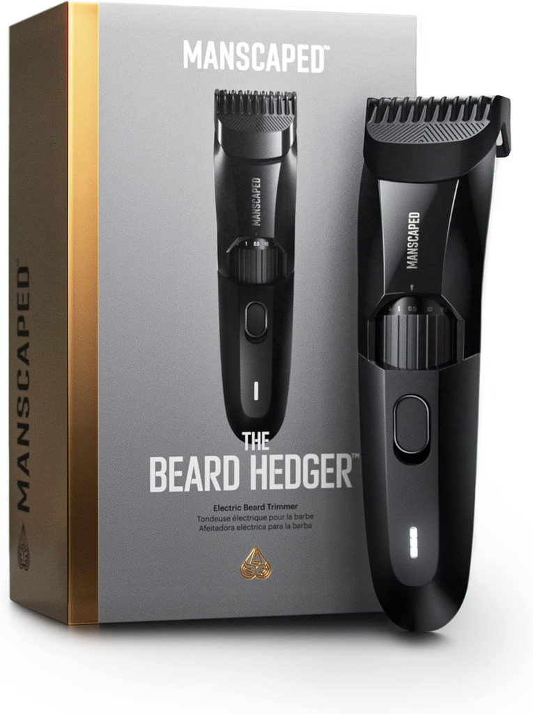 MANSCAPED® The Beard Hedger® Premium Men's Beard Trimmer, Roue à lame réglable de 20 longueurs, T-Blade en acier inoxydable pour le calibrage des cheveux faciaux de précision, sans fil imperméable à l'eau