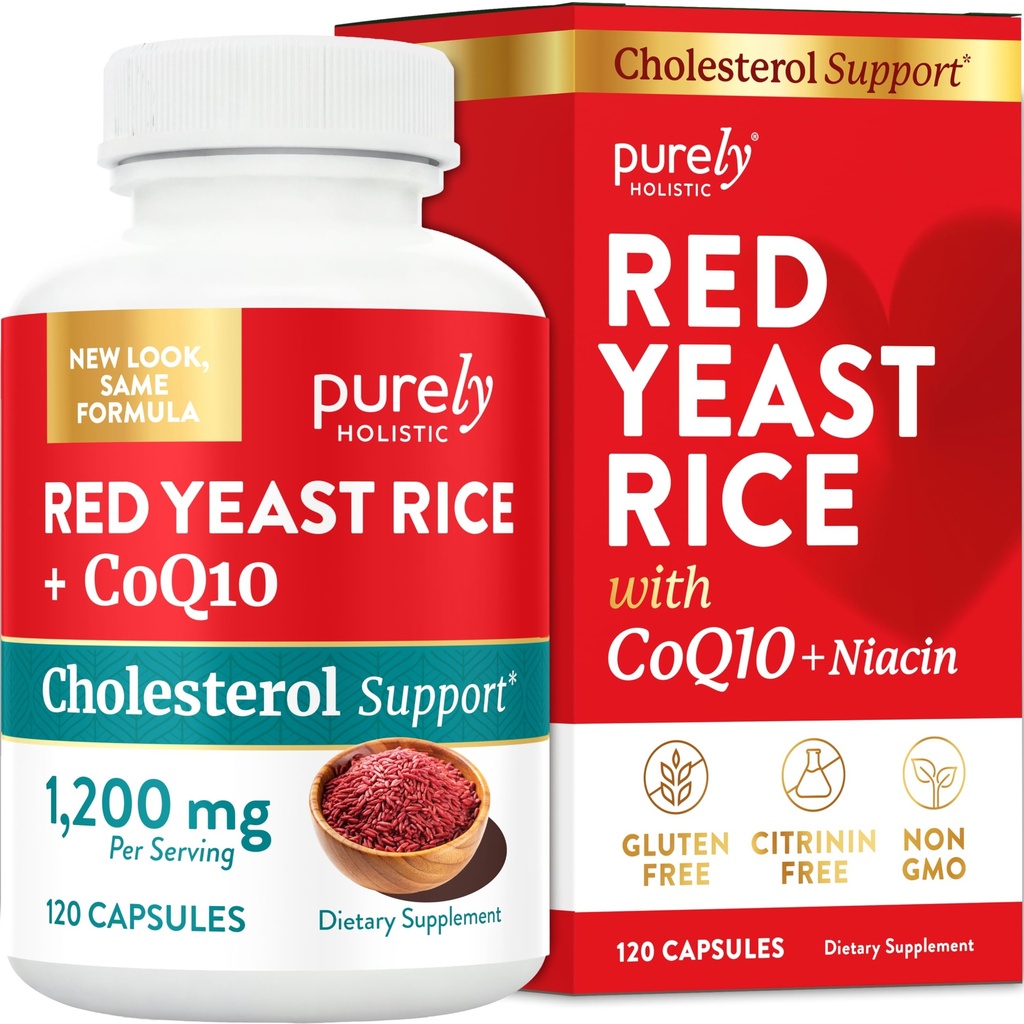 Red Gist Rice 1200mg with CoQ10 Supplement & Flush Free Niacin 120 Extra Sterkte Vegetarische Capsules 