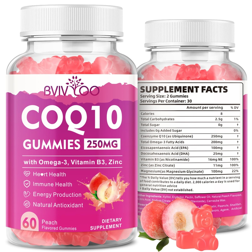 Sugar-Free CoQ10 Gummies 250mg, Plus Omega-3, Vitamine B3 & Zink, Magnesium - Hoge Absorptie Co-enzym Q10 Supplementen voor de gezondheid van het hart, Cellular Energy, & Antioxidant Ondersteuning, 60 Tellen