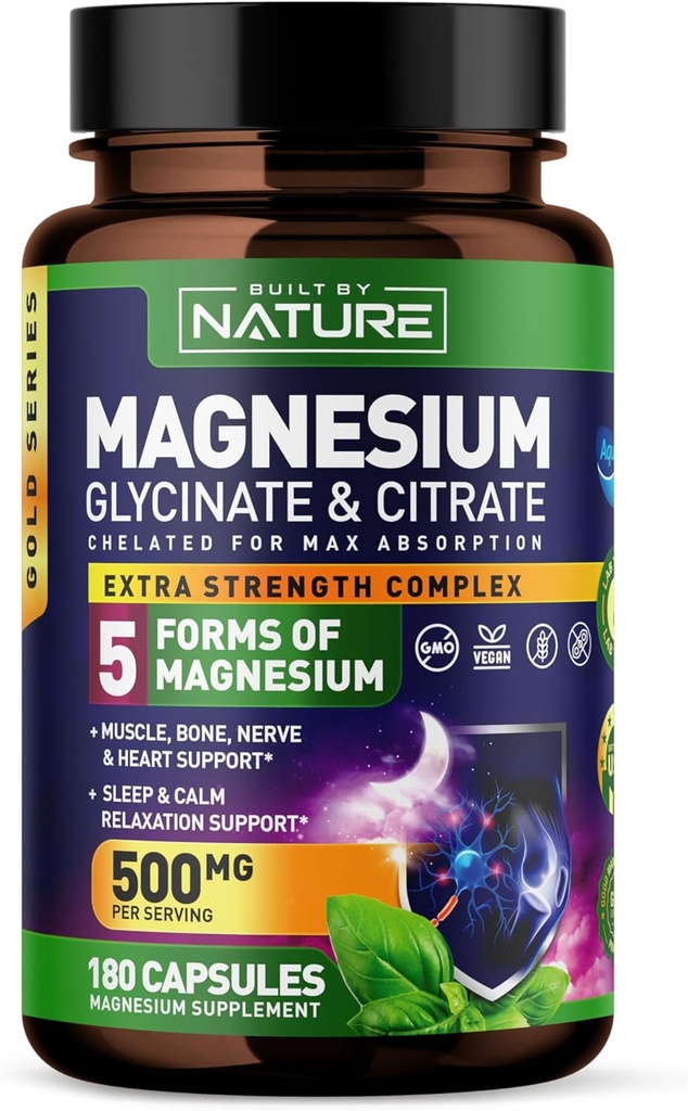 Magnesium Complex 500mg - 5 vormen Magnesium Glycinate, Citrate, Malate, Oxide & Aquamine met 72 sporenmineralen - Gecheld voor Absorptie - Supplement voor spier, nerve, hart en slaap (180 capsules)