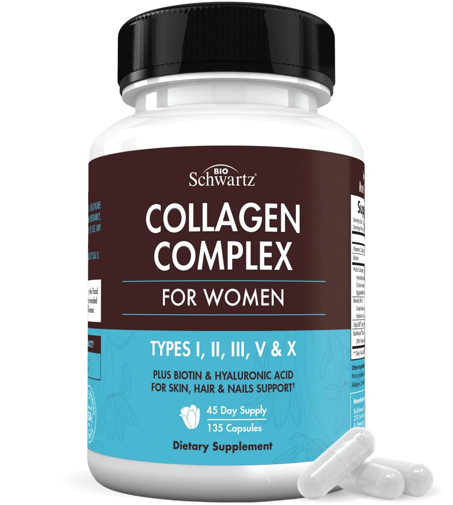 BioSchwartz Hydrolyzed Collagen Peptide Capsules - Multi Collagen Supplements for Women Types I, II, III, V, X with Vitamin C, Biotin, Keratin and Hyaluronic Acid for Skin, Hair & Nails - 135ct