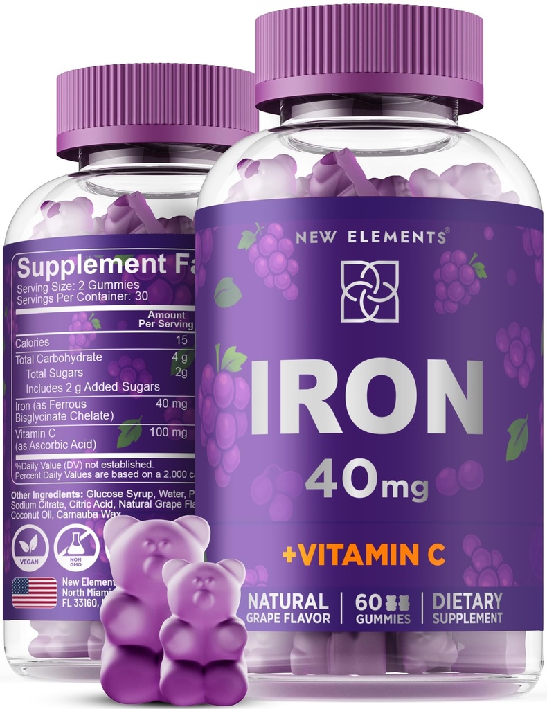Iron Gummies 40mg with Vitamin C 100mg Best Iron Supplement for Women, Men & Adults 