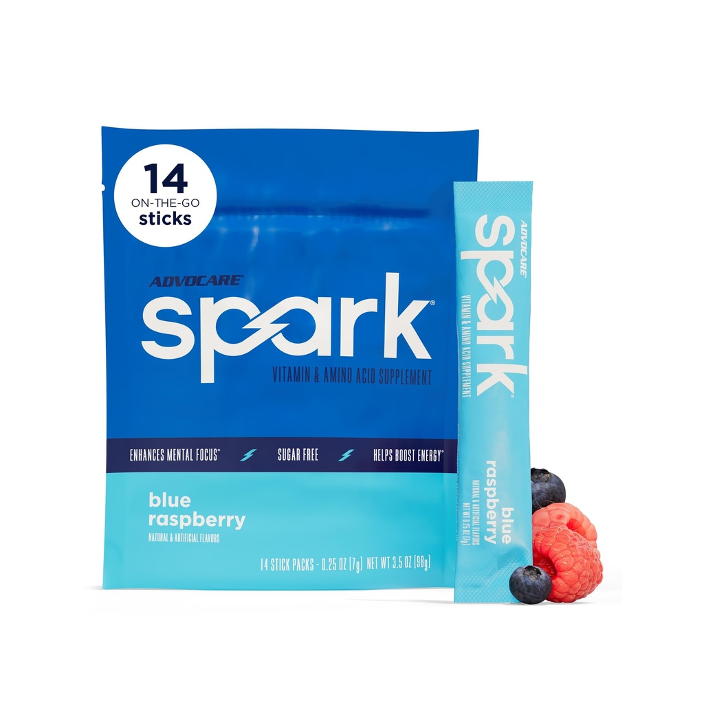 AdvoCare Spark - Mélange de boissons énergisantes - Supplément de vitamine et d'acide amino - Soutiens Énergie et Focus* - Support immunitaire portable* - Sans sucre - Framboise bleue, 14 Stick Packs (3.5 oz)