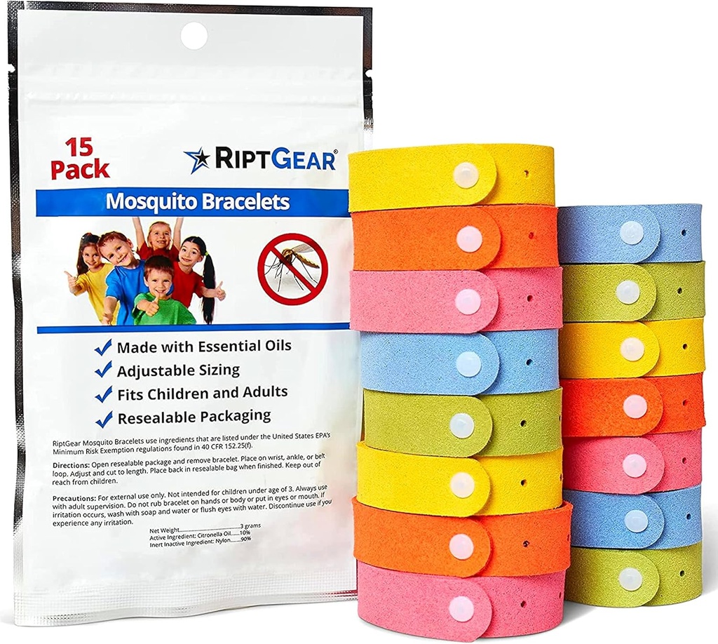 RiptGear Muggen Armbanden - 15 Pack van Muggen Armbanden voor kinderen en volwassenen, Insect armband, Citronella Polsband - DEET Gratis Muggen Polsbandjes, Camping Accessoires